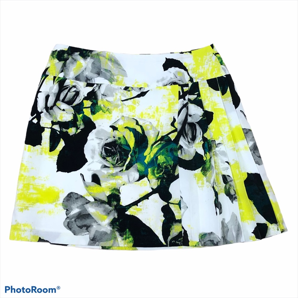 Worthington yellow & black floral print skirt with side accordion pleat